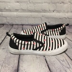 Forever 21 black and white striped slip ons with pink hearts, size 7.5